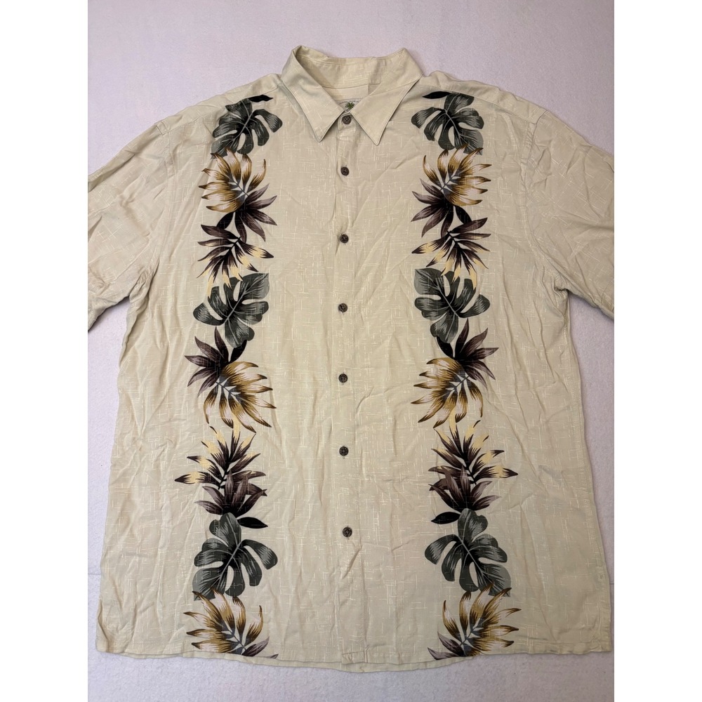 Island Shores Mens XL Tan Tropical Leaf Rayon Short Sleeve Button Down Shirt